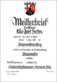 Der Meisterbrief des Winzermeisters Karl - Josef Steffen