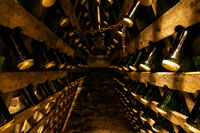 Hier wird Sekt auf einem Rüttelpult gelagert, um von Hand gerüttelt zu werden.